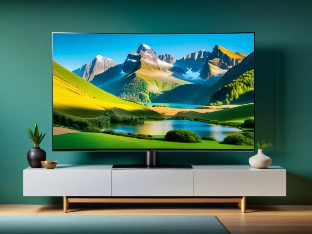 Imagen de alta definición de una elegante Smart TV en un moderno salón, destacando la integración perfecta del Smart TV en un espacio contemporáneo