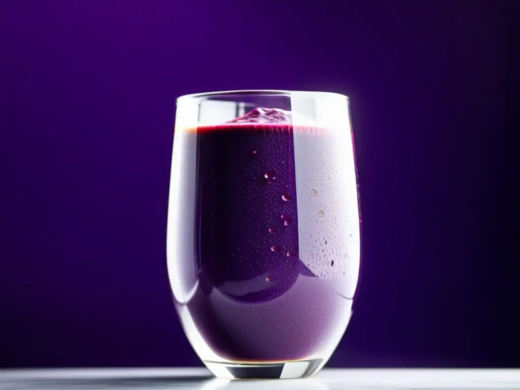 Batidora de vidrio moderna con smoothie morado y bayas frescas Una imagen detallada de una moderna batidora de vaso llena de un vibrante smoothie morado, con gotas de condensación