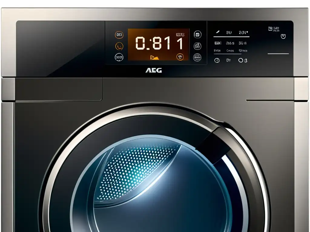 Una imagen detallada del panel de control de la secadora AEG T8DBE851, resaltando su diseño moderno y las funciones tecnológicas avanzadas