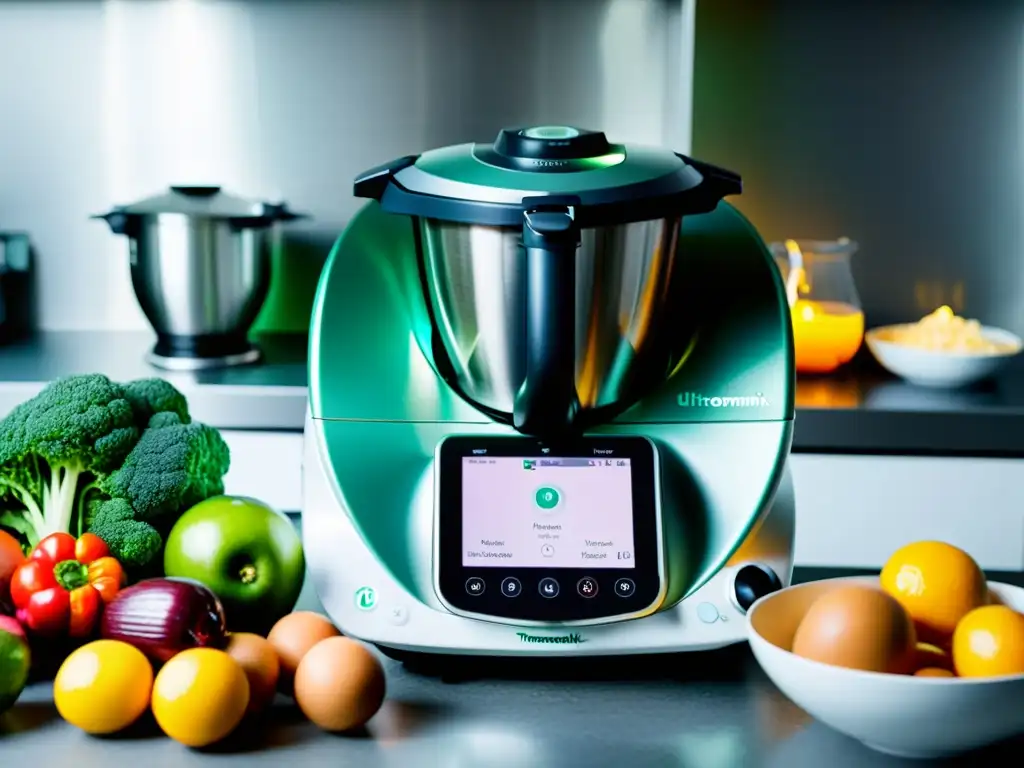 Una imagen detallada y vibrante de la Thermomix TM6 en acción, con su diseño moderno y su interfaz intuitiva