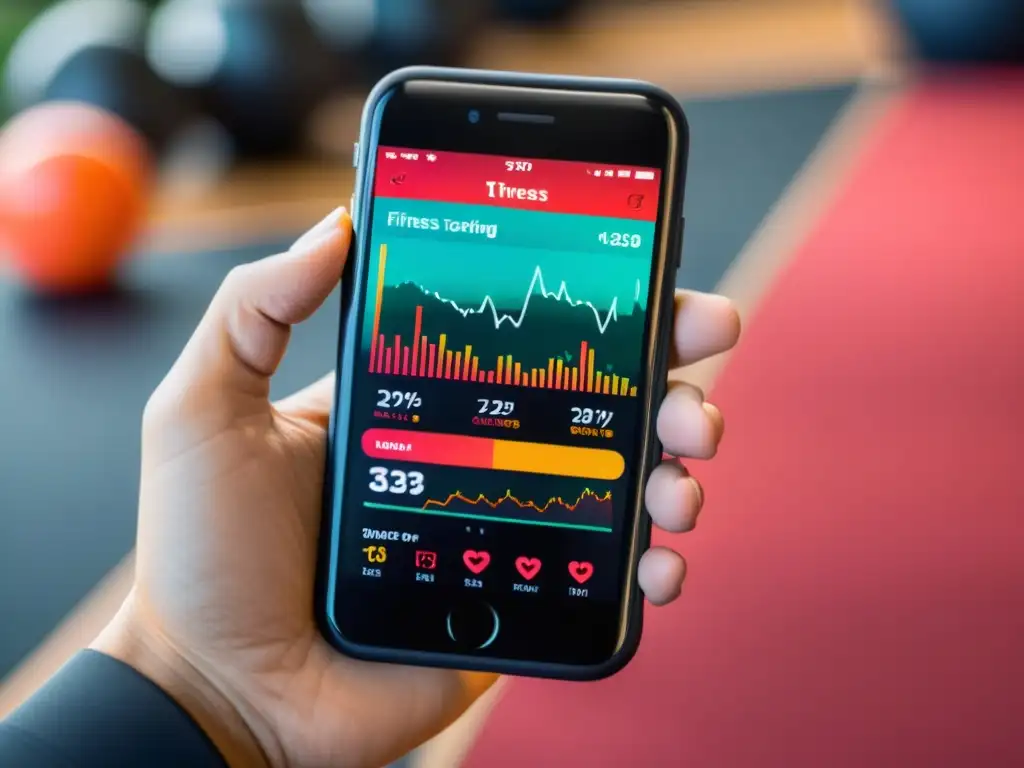 Imagen de pantalla de smartphone con app de seguimiento fitness mostrando estadísticas de ejercicio, en un entorno motivador