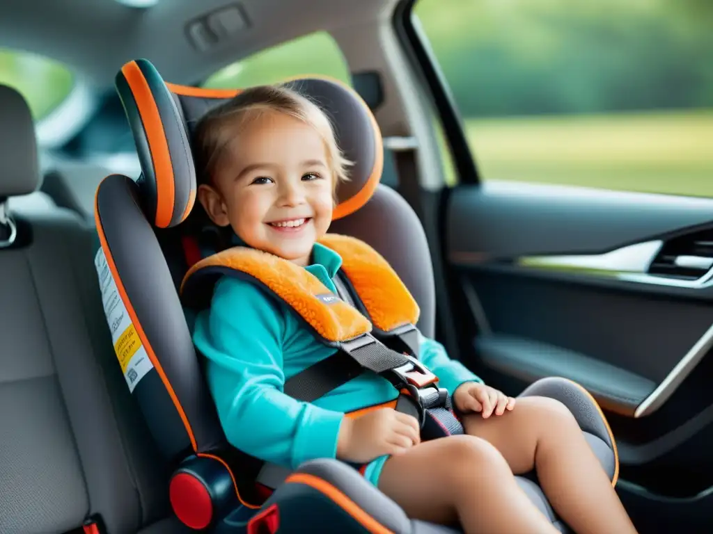 Imagen de alta resolución de un niño sonriente y una mascota en un asiento de seguridad en un moderno interior de automóvil