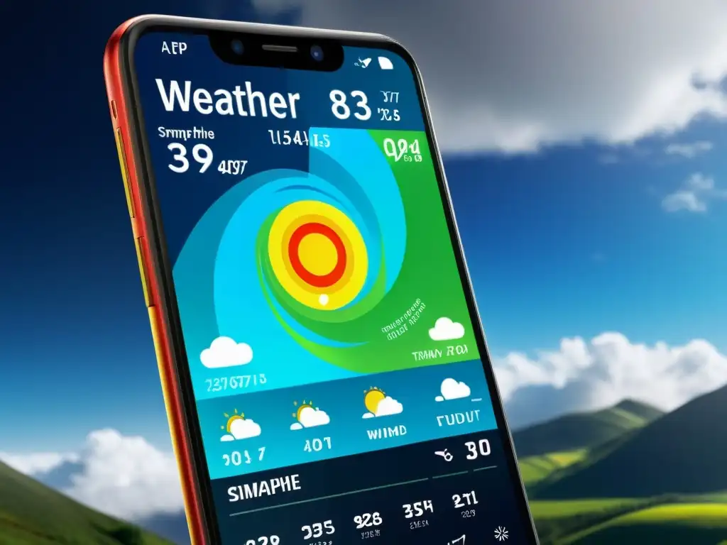 Imagen de un smartphone moderno con app de pronóstico del tiempo, presentando una interfaz detallada y atractiva