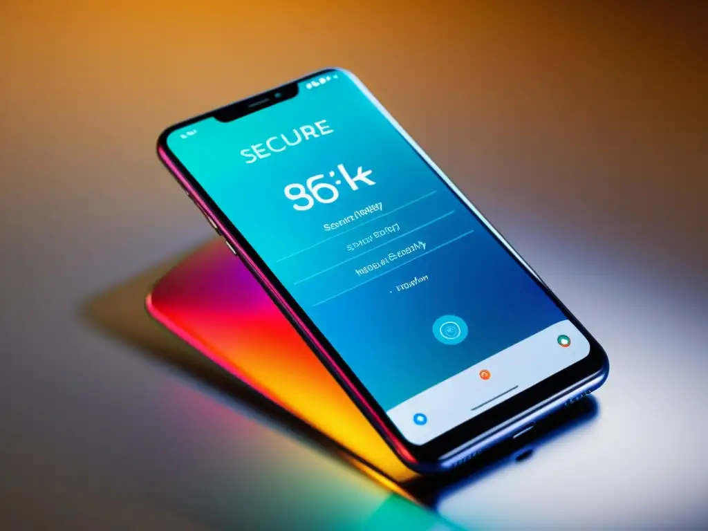 Imagen de un smartphone moderno con pantalla de bloqueo, notificaciones de seguridad en tiempo real y diseño futurista