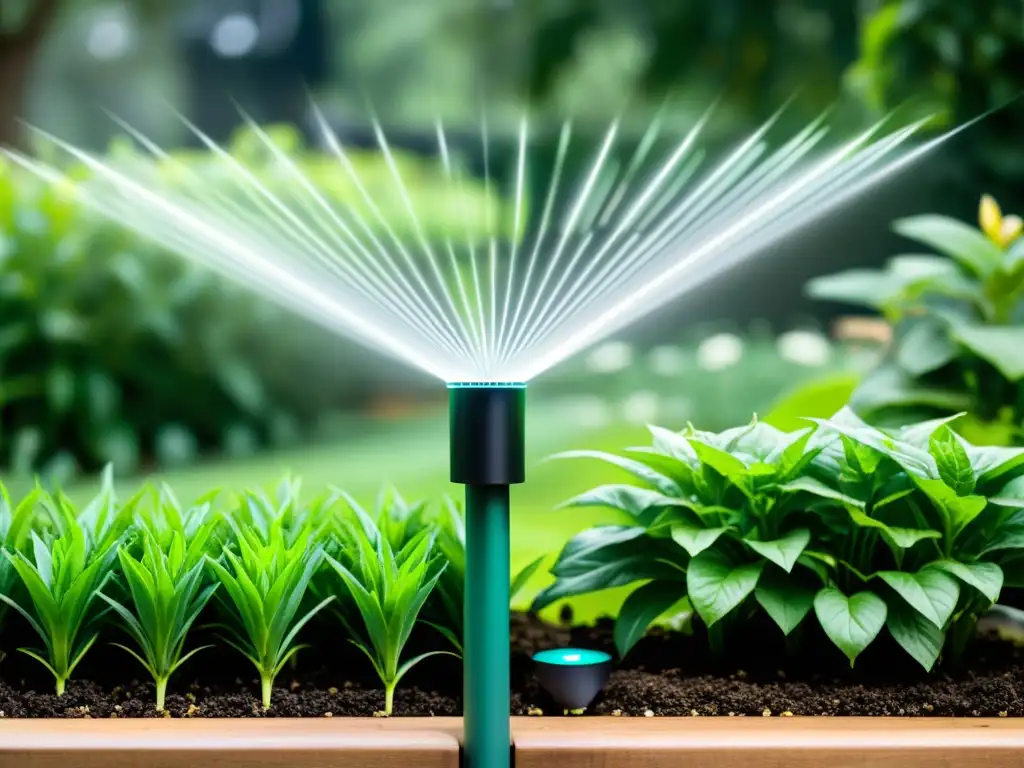 Una imagen de soluciones tecnológicas para riego inteligente en un jardín exuberante, mostrando la fusión de tecnología y naturaleza