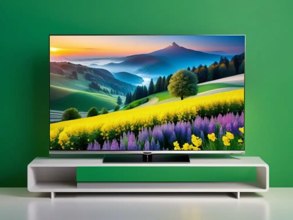 Televisor inteligente de alta resolución con escena natural vibrante Una impactante TV Smart de diseño moderno con pantalla de alta resolución mostrando una escena natural