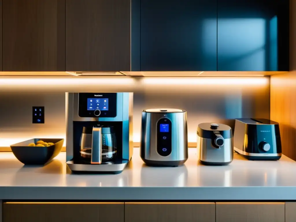 Impecable cocina moderna con hightech pequeños electrodomésticos organizados bajo cálida iluminación