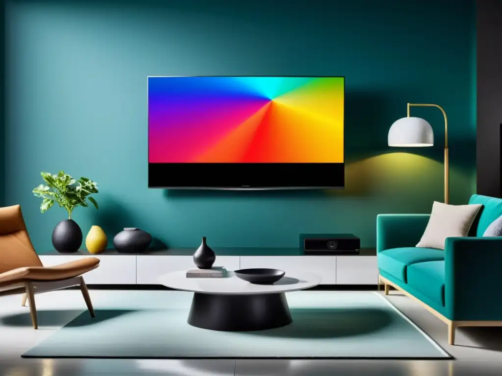 Impecable sala de estar con Smart TV montada en la pared, reflejando colores vibrantes