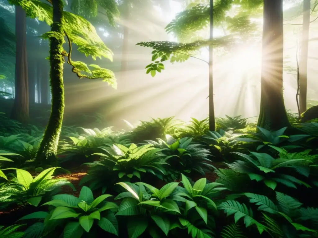 Un impresionante bosque verde con luz solar filtrándose entre las hojas, resaltando la belleza natural