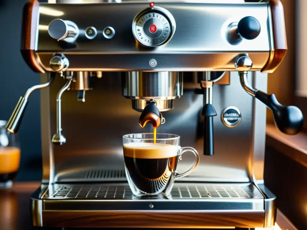 Una impresionante máquina de café artesanal en acero inoxidable, con detalles de madera, en una cocina moderna