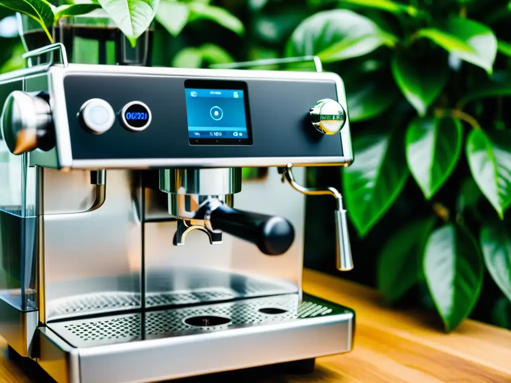 Una impresionante máquina de café ecoamigable en medio de exuberantes plantas de café, combinando tecnología avanzada con cultivo sostenible