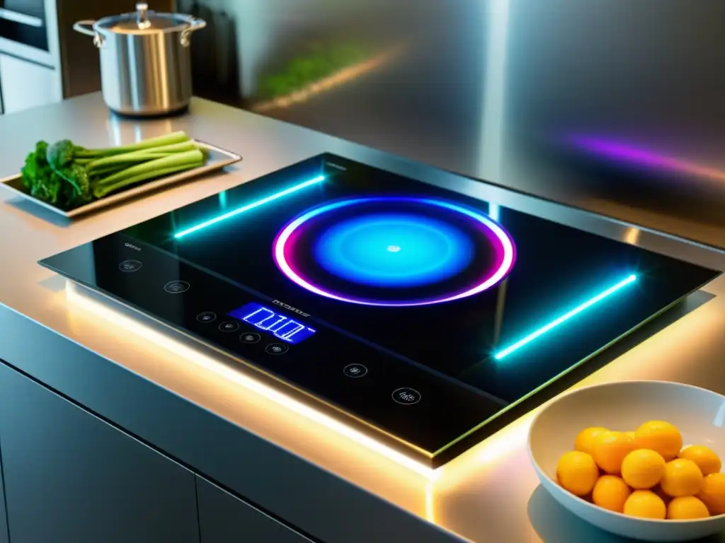 Una impresionante placa de inducción con tecnología de cristal frío, en una cocina moderna y minimalista con iluminación ambiental