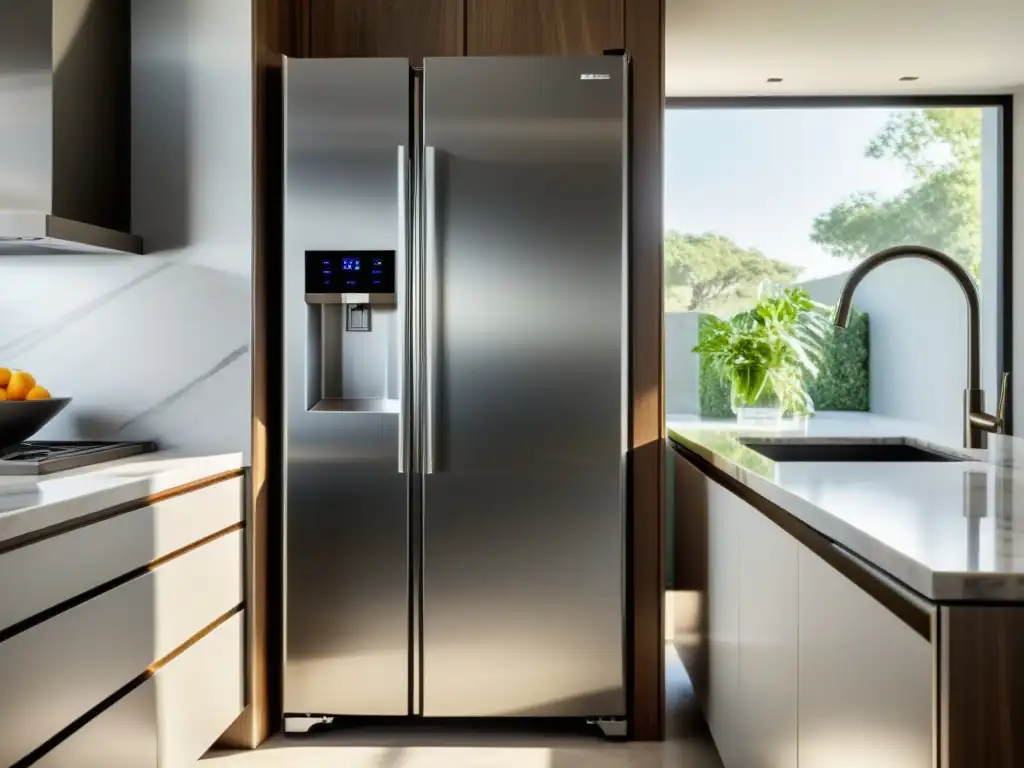 Influencia de electrodomésticos: refrigerador de acero inoxidable moderno con acabado metálico, en una cocina contemporánea lujosa y sofisticada