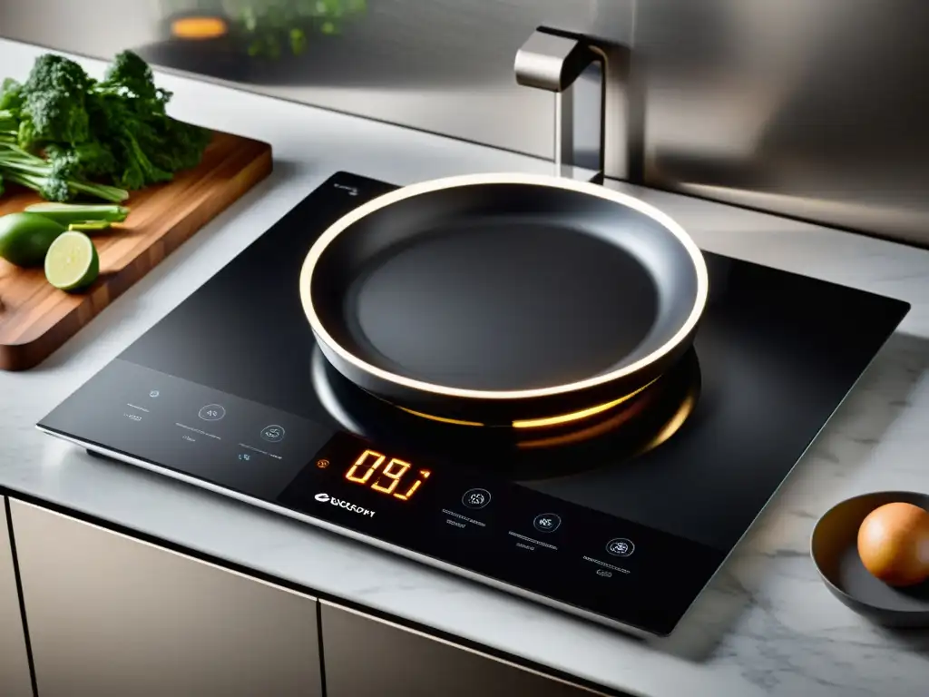 Innovaciones en cocinas de inducción: una cocina de inducción moderna y elegante con controles de temperatura precisos y un diseño minimalista que irradia sofisticación, con utensilios brillantes y una atmósfera de innovación y refinamiento en una cocina elegante