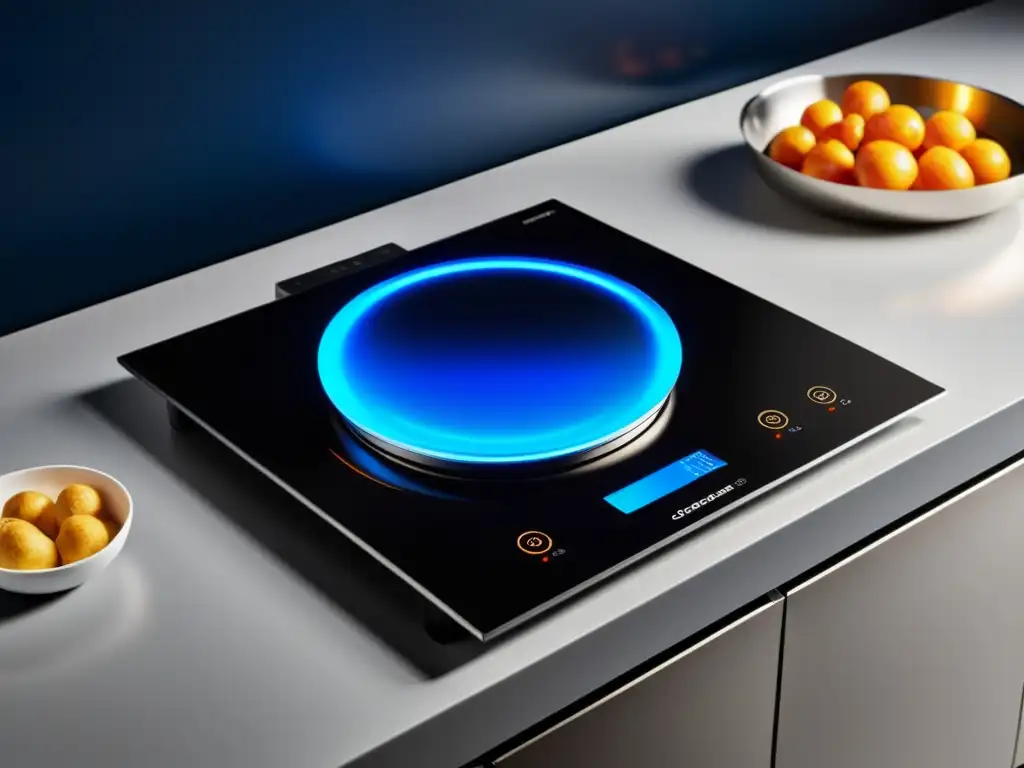 Innovaciones en cocinas de inducción: Cocina de inducción moderna con elegante superficie negra, controles táctiles y olla de comida al vapor