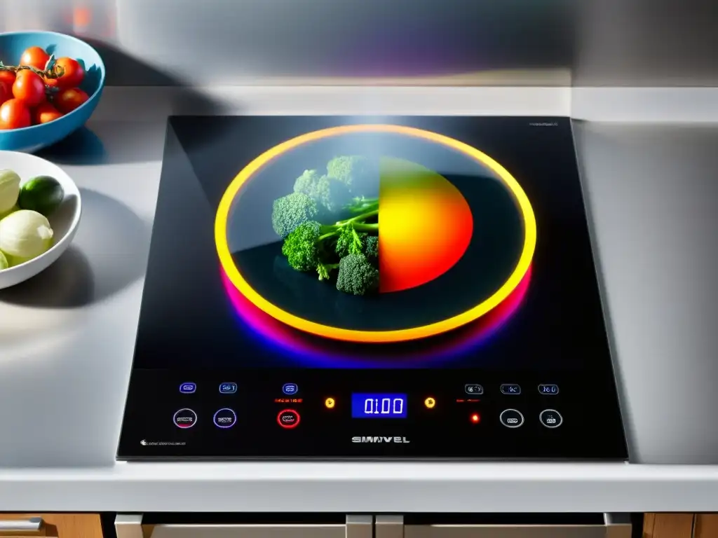 Innovaciones en cocinas de inducción: Cocina de inducción ultramoderna con superficie de vidrio negro, pantalla LED roja y vapor de verduras coloridas