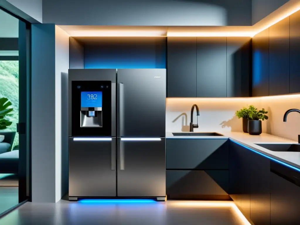 Innovaciones electrodomésticos asistentes virtuales: Cocina moderna con electrodomésticos inteligentes y luces LED suaves, minimalista y futurista