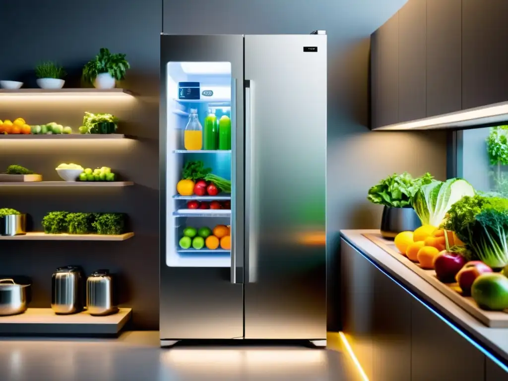 Innovaciones electrodomésticos eficiencia energética: Refrigerador futurista con diseño innovador, iluminación suave y pantalla digital