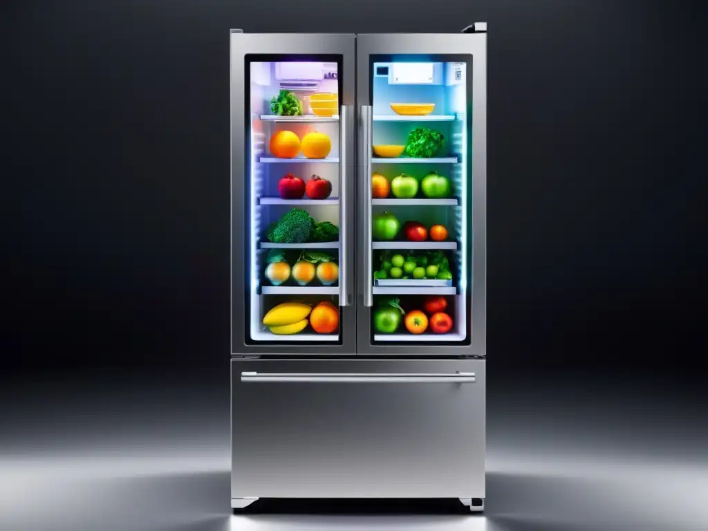 Innovaciones electrodomésticos tecnología hogar: Imagen 8k de un refrigerador futurista con LED, productos frescos y tecnología avanzada en cocina moderna