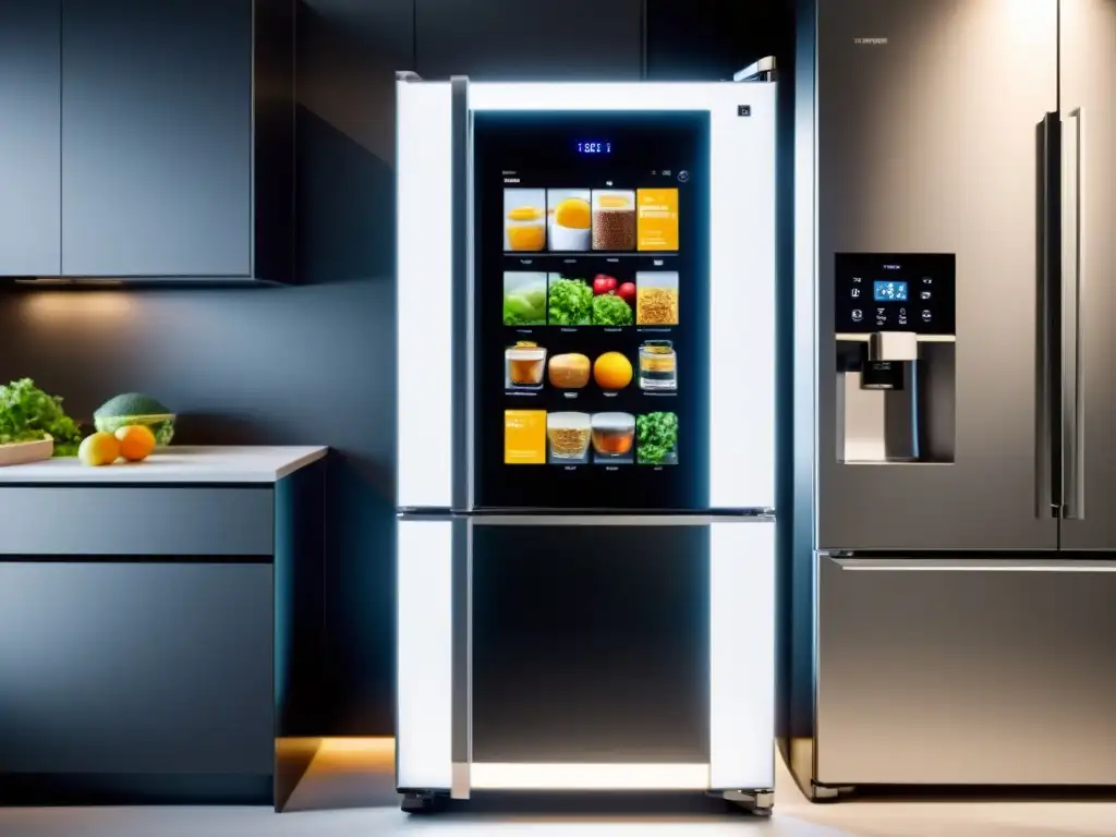 Innovaciones en smart fridges: Un frigorífico moderno con pantalla digital, cámara integrada y diseño elegante en una cocina minimalista