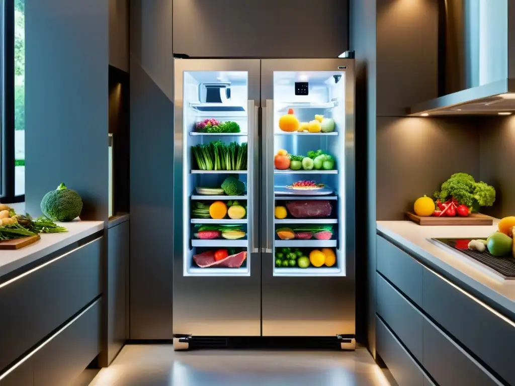 Innovaciones frigoríficos conservación alimentos: Un refrigerador ultramoderno con puerta de vidrio transparente exhibe alimentos frescos y cortes de carne