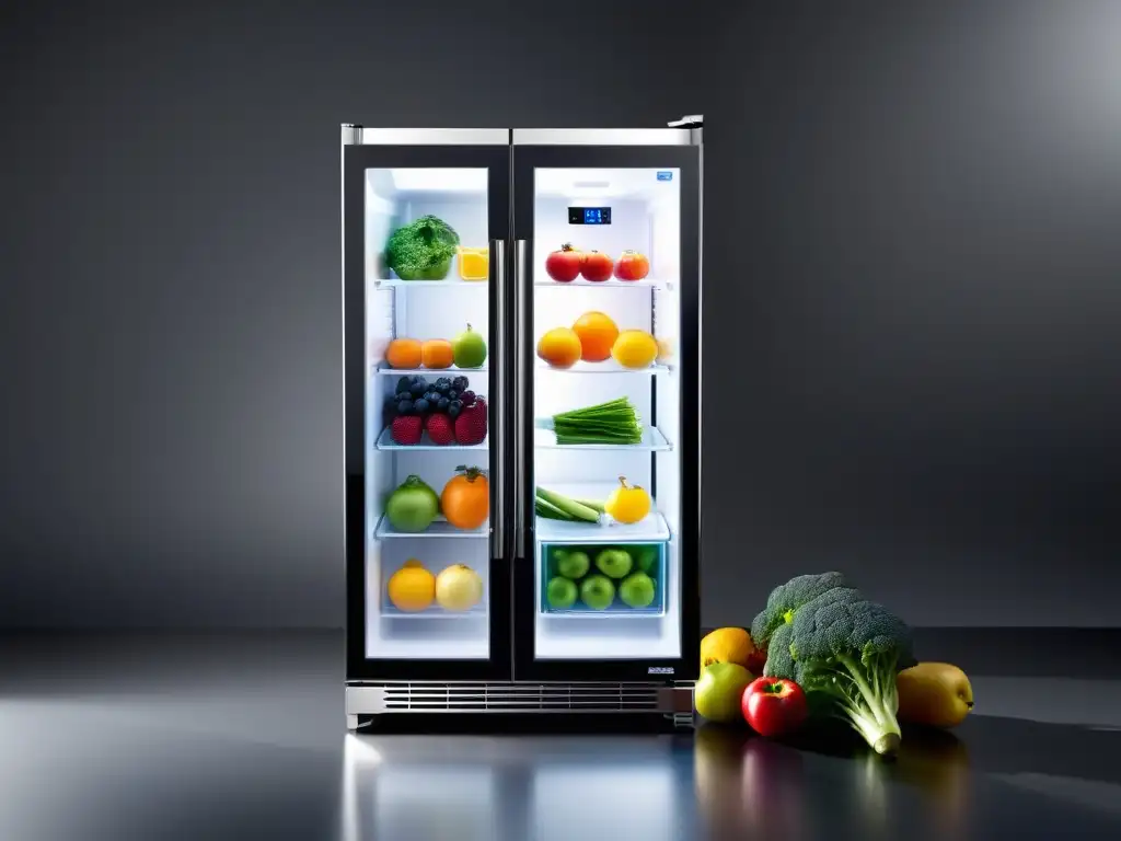 Innovaciones frigoríficos conservación alimentos: Refrigerador moderno con frutas y verduras frescas en interior iluminado y tecnología avanzada