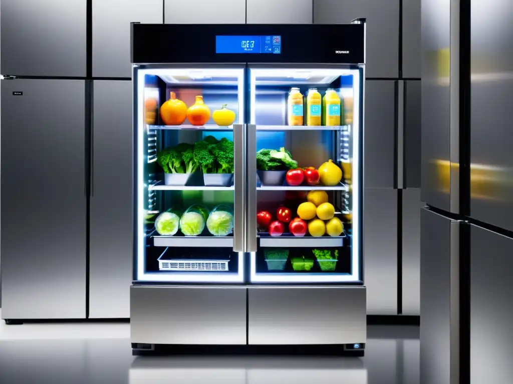 Innovaciones frigoríficos conservación alimentos: Moderna unidad de refrigeración con tecnología de vanguardia, iluminación brillante y productos frescos ordenados en estantes