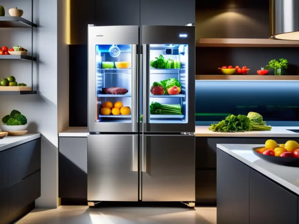 Innovaciones frigoríficos conservación alimentos: Refrigerador futurista con alimentos frescos y diseño minimalista en cocina moderna