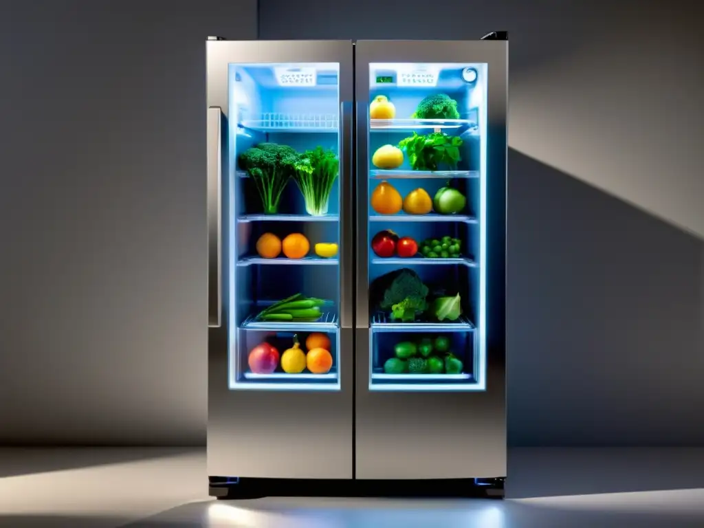 Innovaciones en frigoríficos del futuro: un refrigerador futurista con puertas de cristal transparente, iluminación LED y panel de control digital, lleno de frutas y verduras coloridas, mostrando su diseño avanzado y tecnología innovadora para el futuro