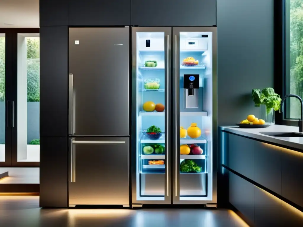 Innovaciones en frigoríficos del futuro: un refrigerador futurista y elegante con una puerta de cristal transparente, iluminado desde el interior para mostrar sus contenidos organizados