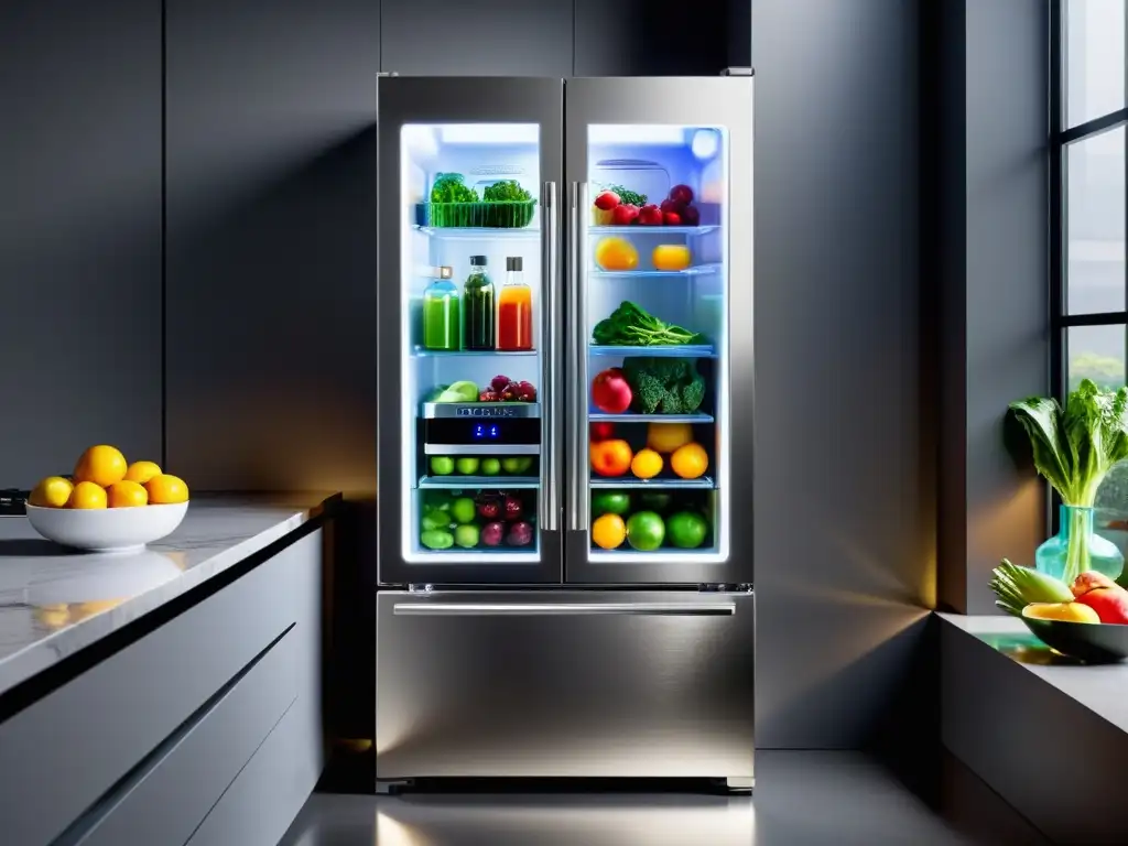 Innovaciones en frigoríficos del futuro: refrigerador futurista con frutas y verduras organizadas, iluminado por LED en una cocina moderna y minimalista