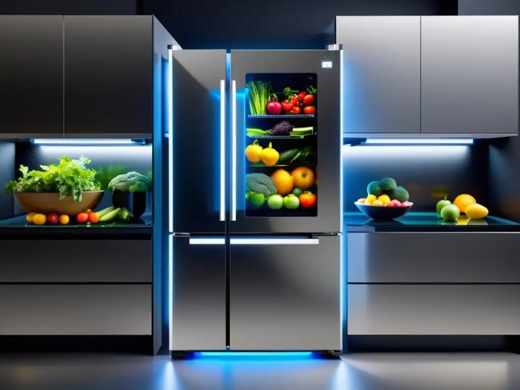 Innovaciones en frigoríficos del futuro: Un refrigerador futurista con frutas y verduras coloridas organizadas detrás de una puerta de vidrio transparente en una cocina minimalista de alta tecnología