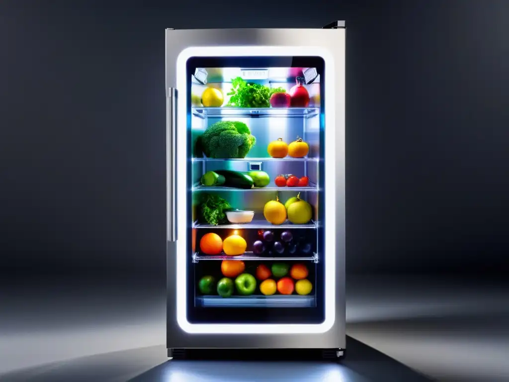 Innovaciones en frigoríficos del futuro: Un refrigerador futurista y elegante con puerta de vidrio transparente, iluminando estantes de frutas y verduras coloridas con tecnología LED suave