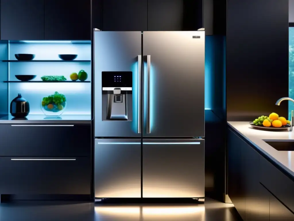 Innovaciones en smart fridges tecnología hogar: Un elegante smart fridge integrado en una lujosa cocina minimalista, con tecnología de vanguardia y ambiente futurista