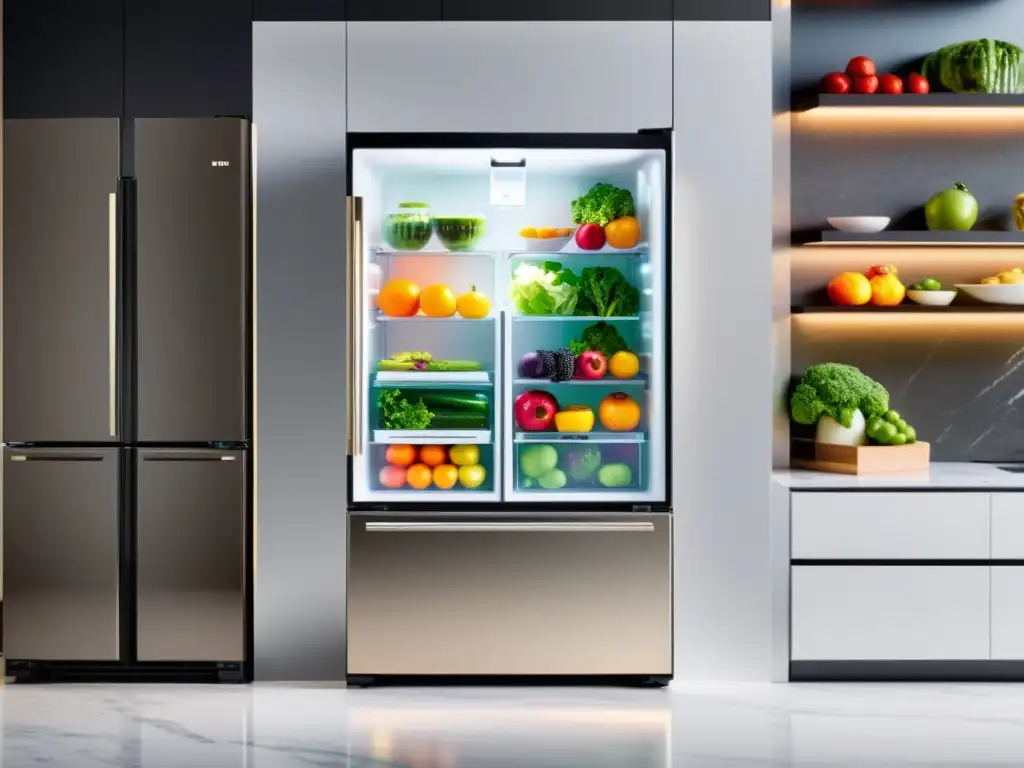 Innovaciones en smart fridges: un moderno e elegante refrigerador con pantalla táctil transparente, repleto de frutas y verduras coloridas y organizadas, iluminado con suave luz LED en una cocina minimalista y lujosa