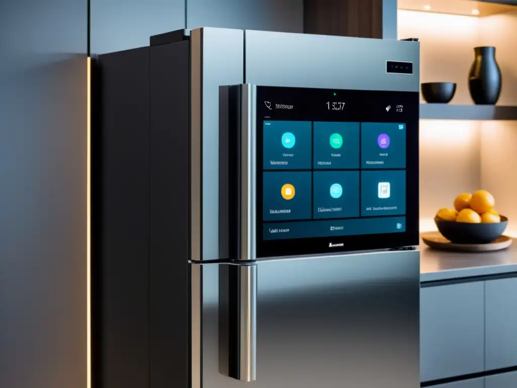 Innovaciones en smart fridges: moderno frigorífico con pantalla táctil, cámara integrada y luces LED, en una cocina contemporánea de diseño minimalista