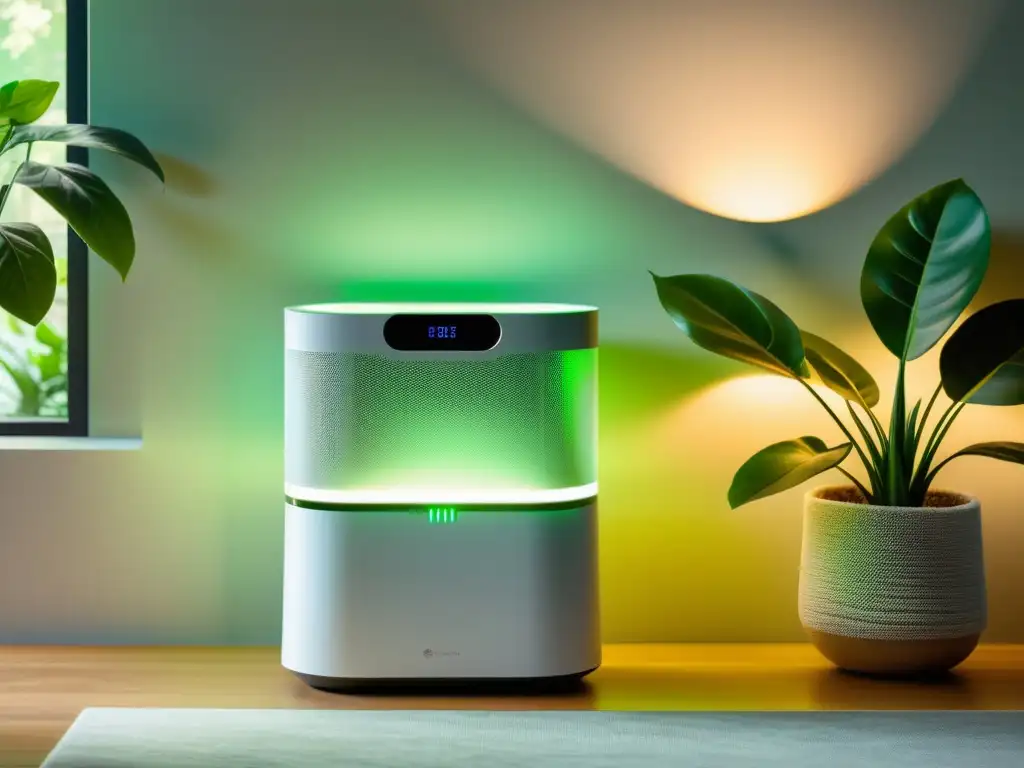 Innovaciones en purificadores de aire: un moderno purificador con diseño futurista y tecnología avanzada, iluminando un hogar saludable y sereno