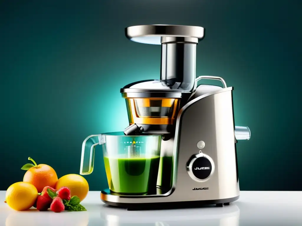 Un innovador extractor de jugos de acero inoxidable en una cocina moderna con frutas y verduras vibrantes siendo exprimidas