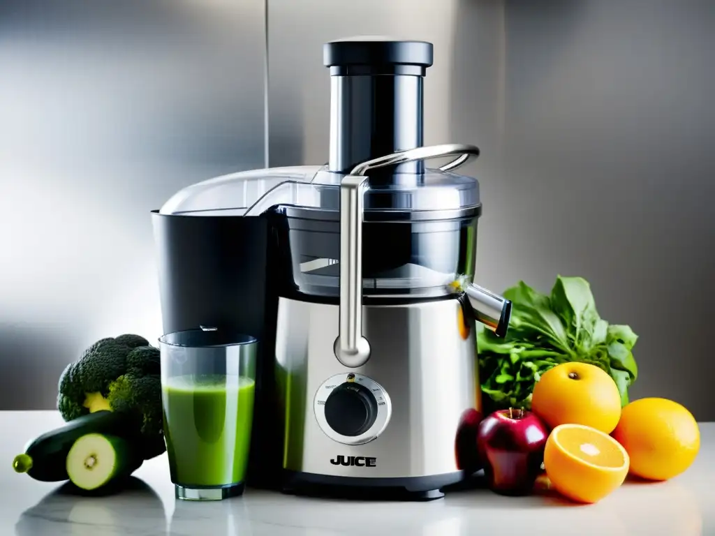 Innovadores extractores de jugos: una elegante máquina de acero inoxidable con frutas y verduras frescas, destacando su precisión y tecnología avanzada