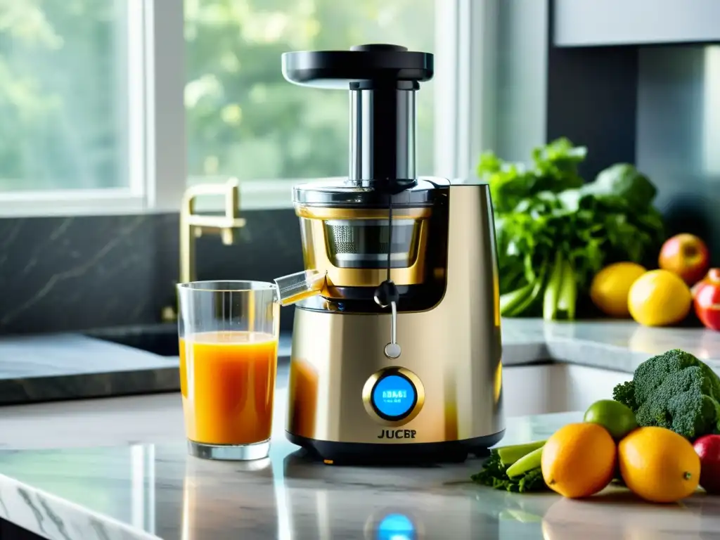 Innovadores extractores de jugos: Una escena luminosa con un moderno extractor rodeado de frutas frescas y vegetales, bañada por la cálida luz matutina