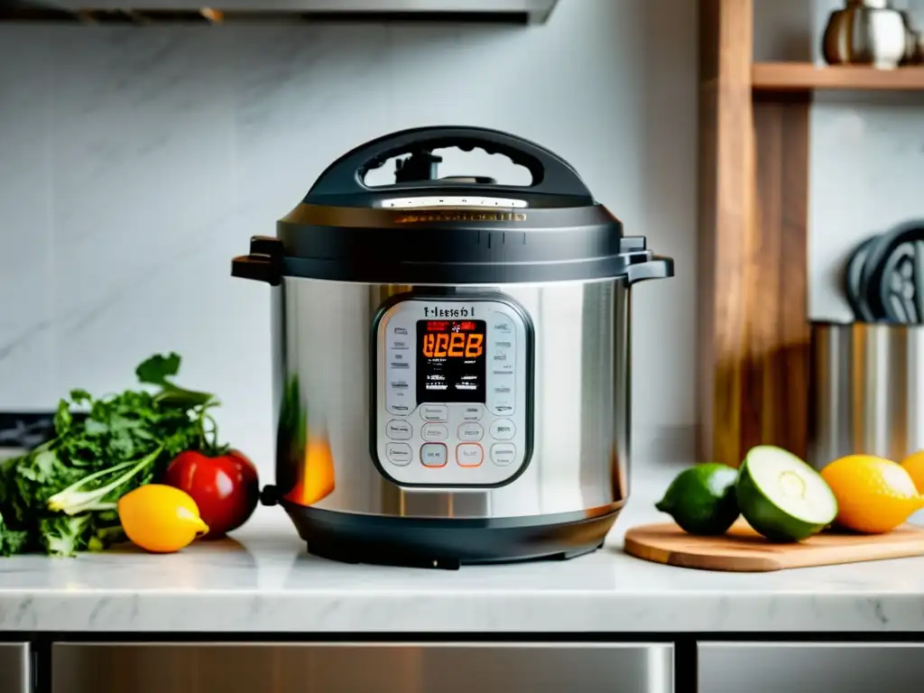 Un Instant Pot moderno en una encimera de cocina, rodeado de ingredientes, emitiendo vapor