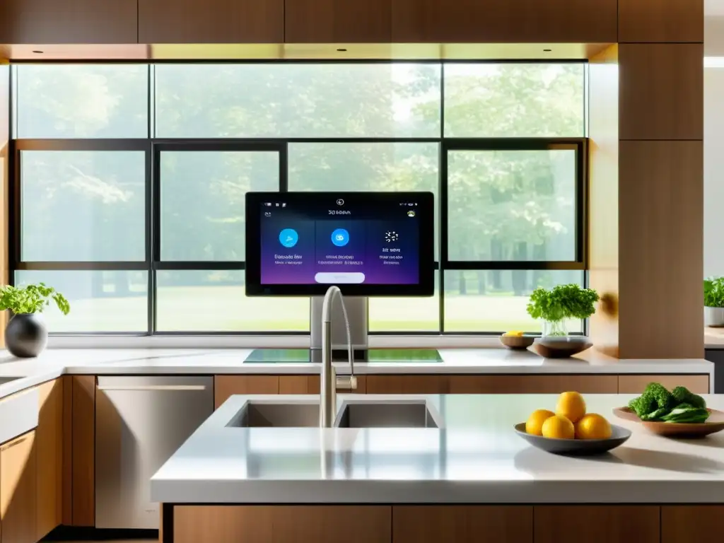 Integración de asistente virtual en cocina moderna con tecnología inteligente y diseño minimalista