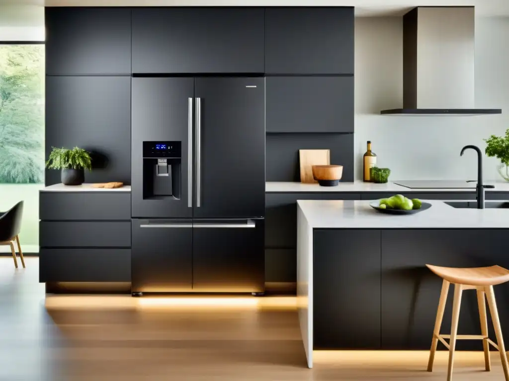 Integración de electrodomésticos en diseño moderno: Refrigerador negro mate en cocina minimalista con pantalla táctil y tiradores minimalistas