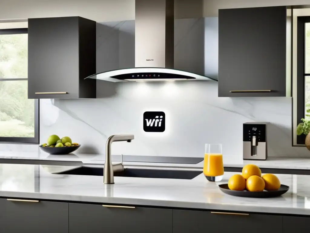 Integración segura de electrodomésticos inteligentes WiFi en elegante cocina moderna con luz natural