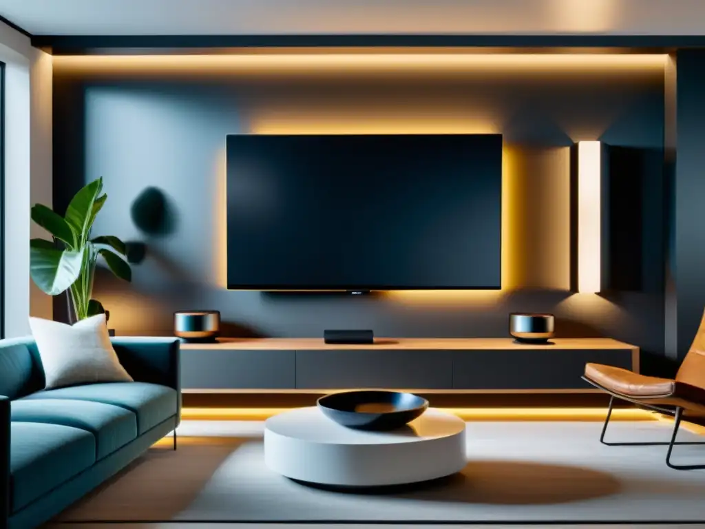 Integración de sistemas de sonido para Smart TV en un salón moderno y elegante, con decoración minimalista y ambiente acogedor