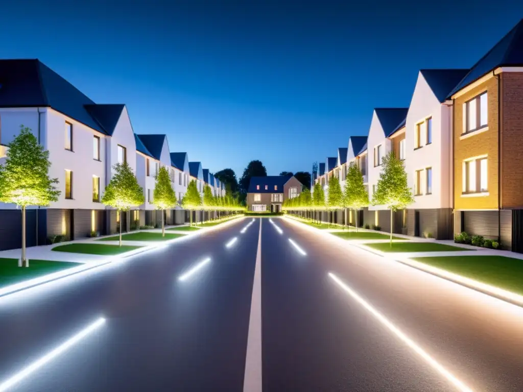 Iluminación inteligente como disuasivo de seguridad: Modernas casas iluminadas con sistemas inteligentes en una calle residencial nocturna