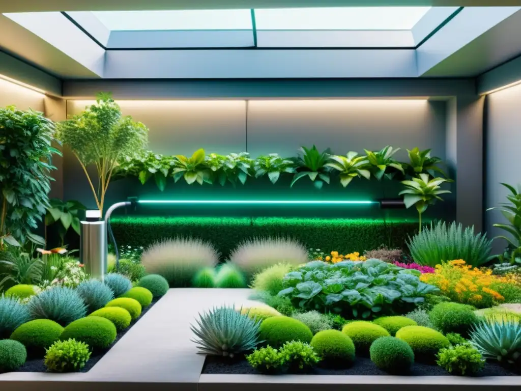Jardín inteligente con tecnología para cuidar plantas automáticamente en un diseño futurista, iluminado por luz natural