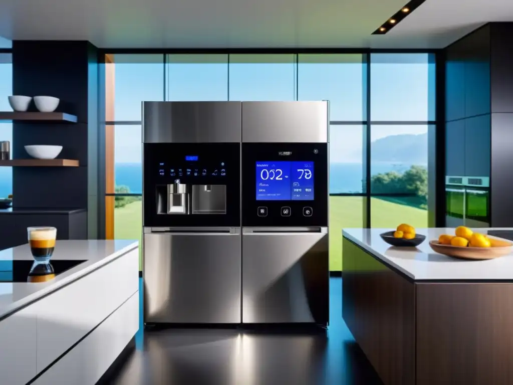 Interconectividad de electrodomésticos inteligentes en una cocina moderna y elegante con control central y grandes ventanas panorámicas