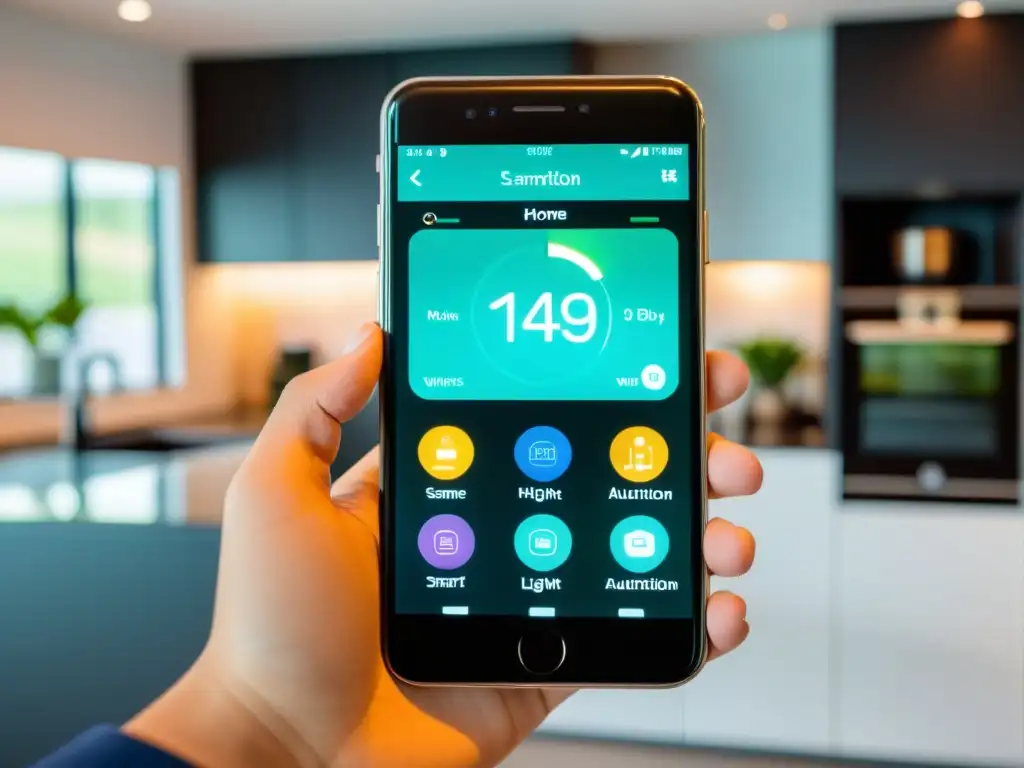 Interfaz de app para gestionar electrodomésticos inteligentes en un hogar moderno y acogedor