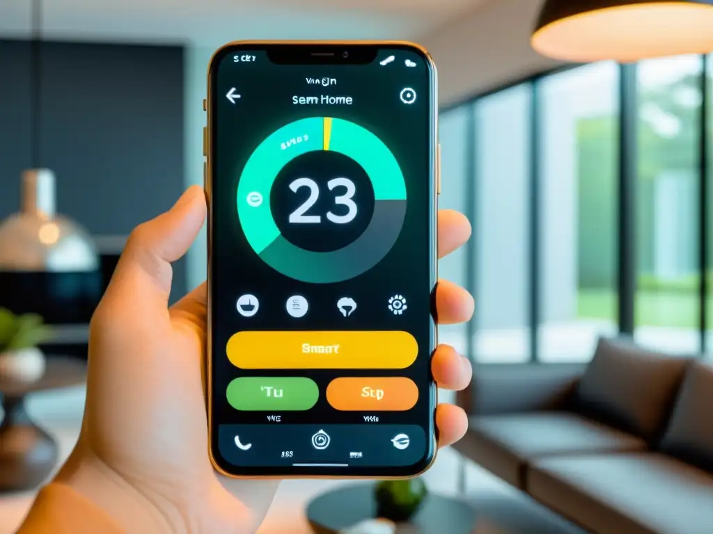 Interfaz de app para gestionar electrodomésticos inteligentes en un elegante hogar moderno
